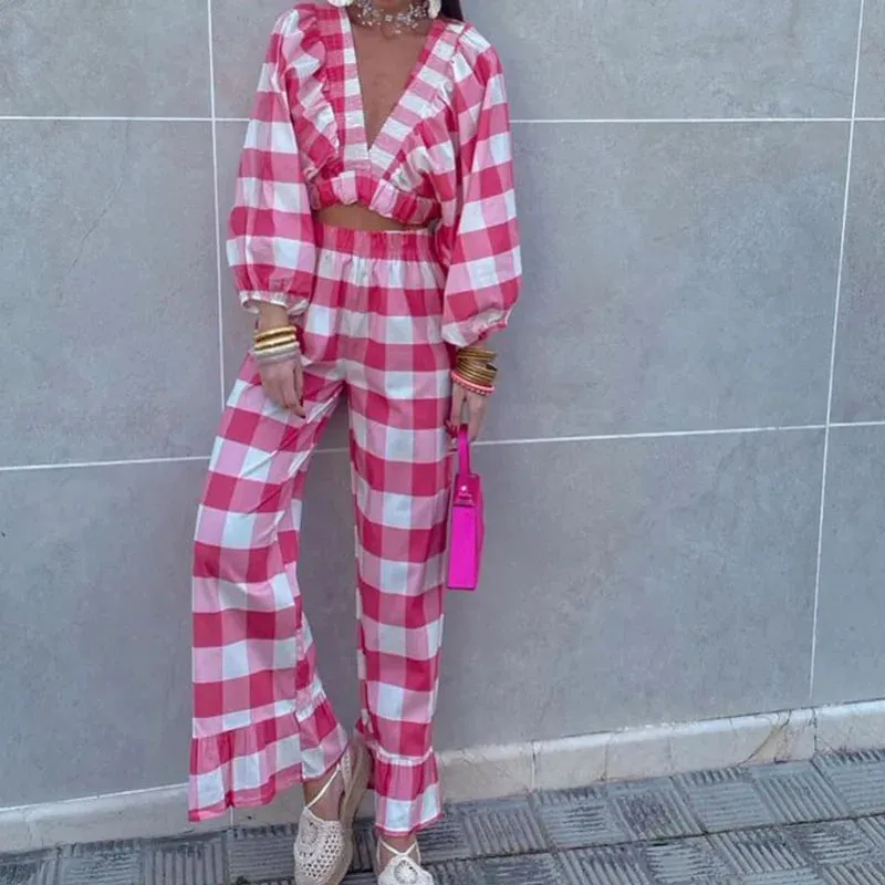 Deep V Puff Sleeved Fashion Plaid Print Summer Loose High Waits Crop Sexy Set