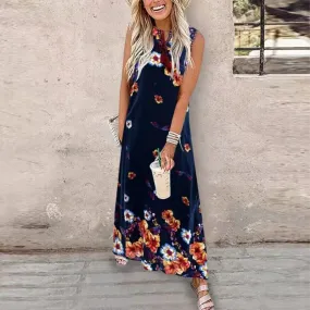 Digital Printed Sleeveless Beach Summer Bohemian V-neck Long Women's Pocket Straight Holiday Floral Vintage Dress