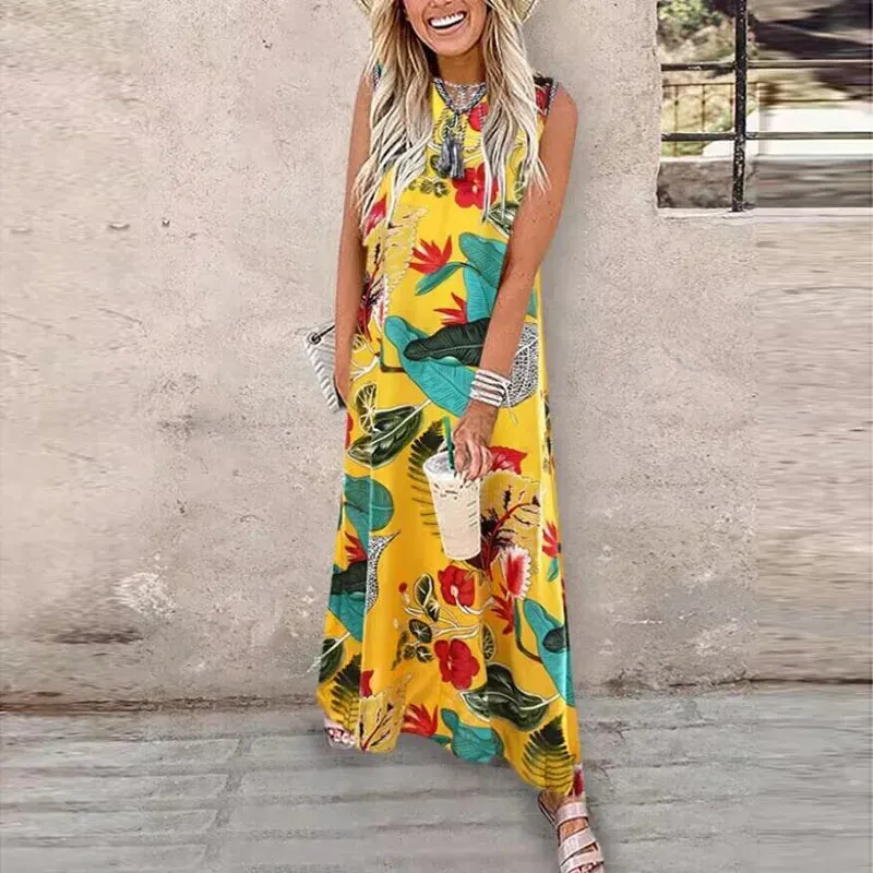 Digital Printed Sleeveless Beach Summer Bohemian V-neck Long Women's Pocket Straight Holiday Floral Vintage Dress