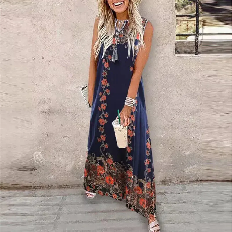 Digital Printed Sleeveless Beach Summer Bohemian V-neck Long Women's Pocket Straight Holiday Floral Vintage Dress