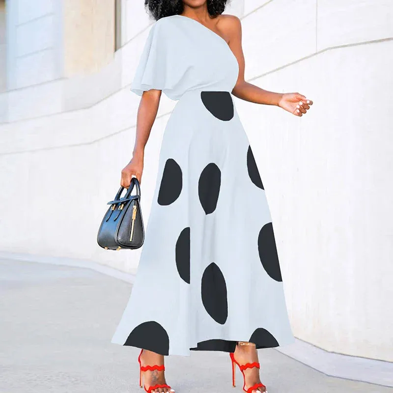 Dot Diagonal Collar A-line One Shoulder High Street Party Pleat Floral Polka Dress