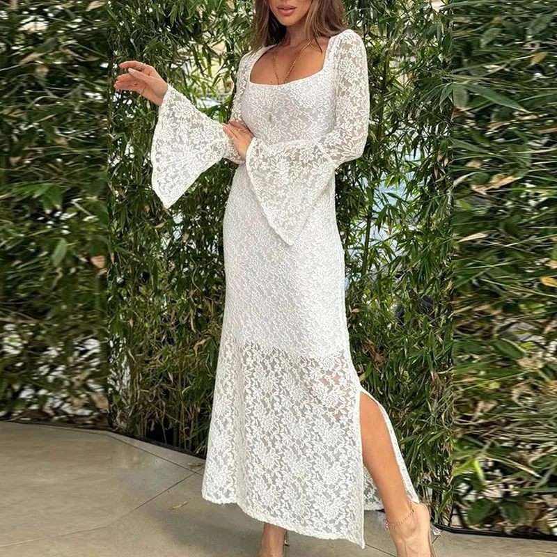 Embroidered Slim Long Elegant Square Neck High Waist Casual Flare Hollow Party Lace Dress