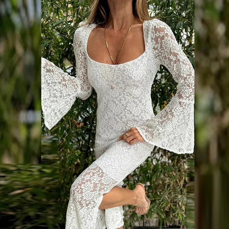 Embroidered Slim Long Elegant Square Neck High Waist Casual Flare Hollow Party Lace Dress