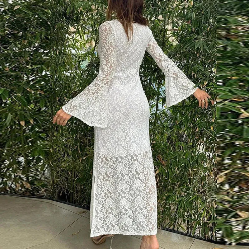 Embroidered Slim Long Elegant Square Neck High Waist Casual Flare Hollow Party Lace Dress