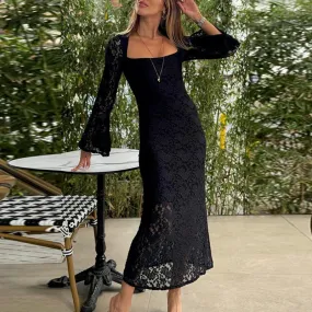 Embroidered Slim Long Elegant Square Neck High Waist Casual Flare Hollow Party Lace Dress