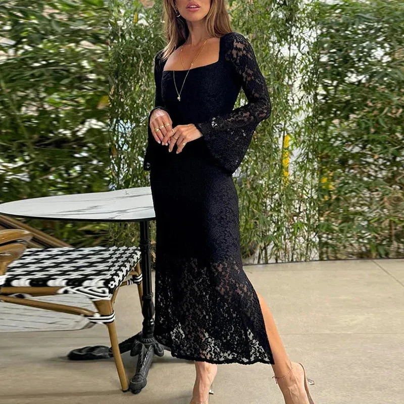 Embroidered Slim Long Elegant Square Neck High Waist Casual Flare Hollow Party Lace Dress