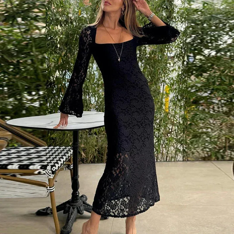 Embroidered Slim Long Elegant Square Neck High Waist Casual Flare Hollow Party Lace Dress