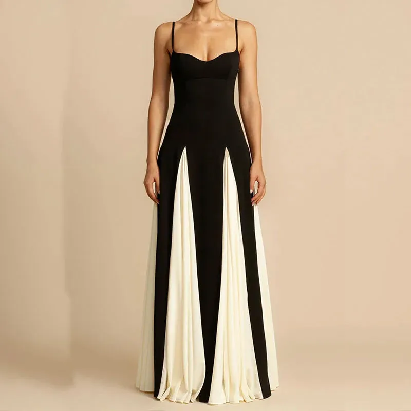 Evening Fashion Color Blocking High Waist Long Elegant Summer Off Shoulder Pleated Party Suspender Dress