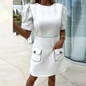 Fashion High Waist Commuter Elegant Color Blocking Pocket A-line O Neck Short Sleeve Party Women Dress