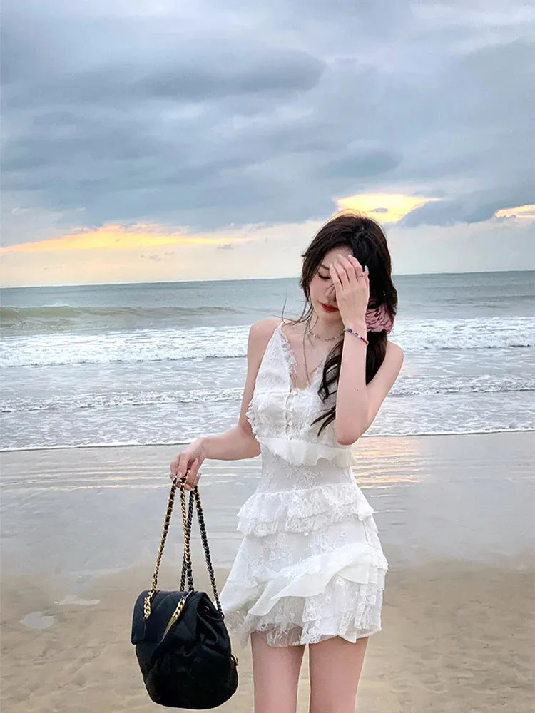 Girlary Beach Style Whit V-Neck Dress Even Party Female Elegant 2000s Vintage Clothing Korean Fashion Y2k Mini Dress Women Summer Boho