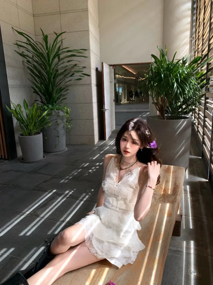Girlary Beach Style Whit V-Neck Dress Even Party Female Elegant 2000s Vintage Clothing Korean Fashion Y2k Mini Dress Women Summer Boho
