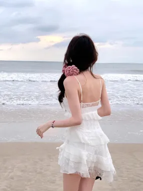 Girlary Beach Style Whit V-Neck Dress Even Party Female Elegant 2000s Vintage Clothing Korean Fashion Y2k Mini Dress Women Summer Boho