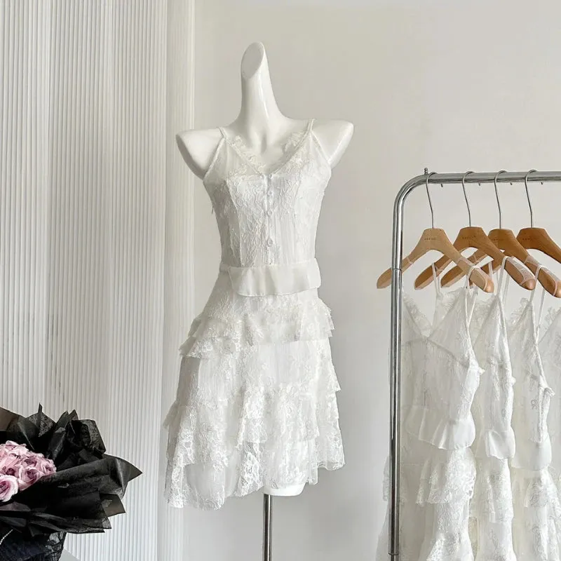 Girlary Beach Style Whit V-Neck Dress Even Party Female Elegant 2000s Vintage Clothing Korean Fashion Y2k Mini Dress Women Summer Boho