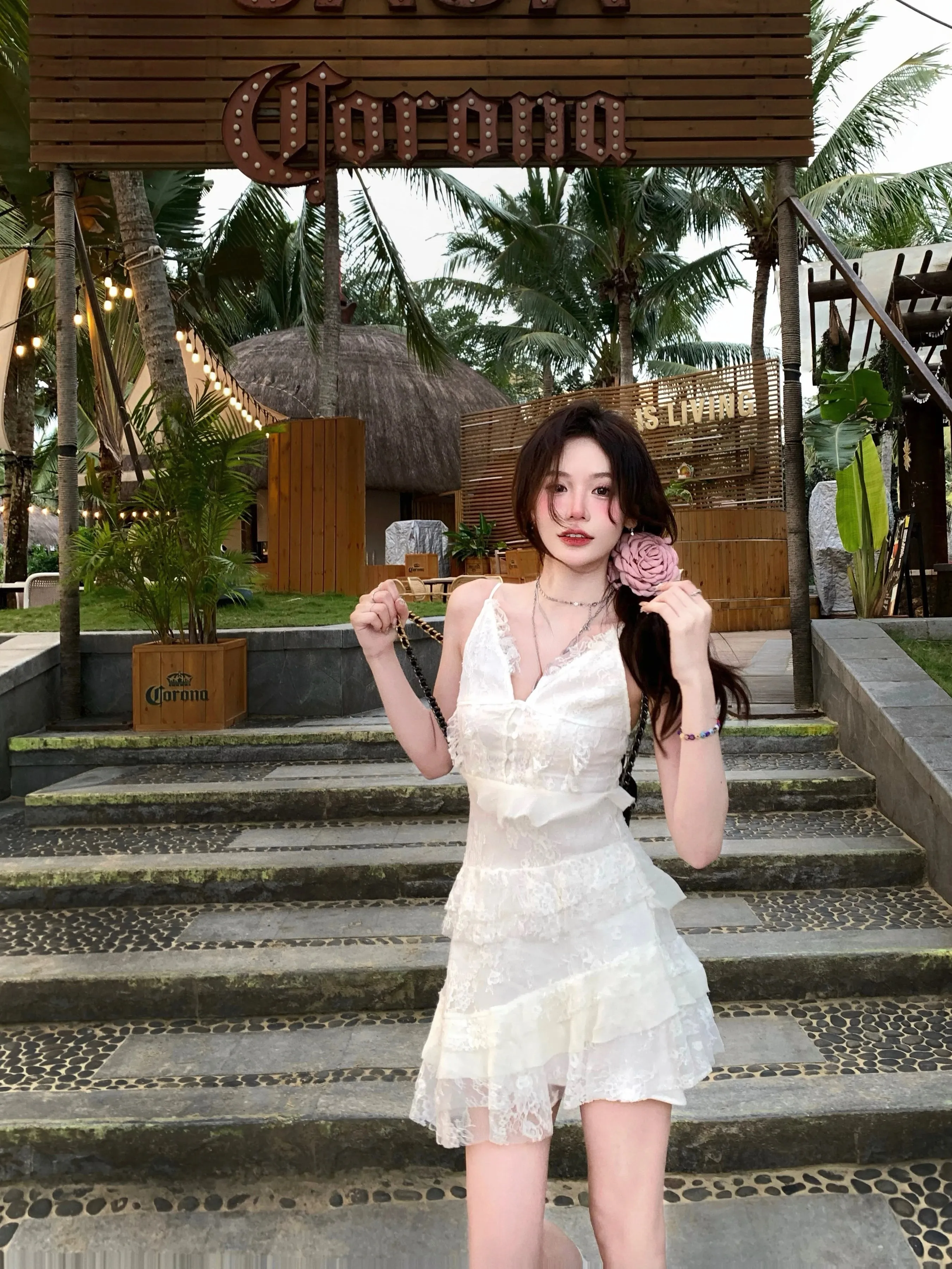 Girlary Beach Style Whit V-Neck Dress Even Party Female Elegant 2000s Vintage Clothing Korean Fashion Y2k Mini Dress Women Summer Boho