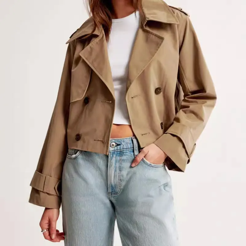 Girlary-shop outfits 2024 Spring New Solid Color Lapel Short Jacket Fashion Double Breasted Long Sleeve Casual Trench Coat
