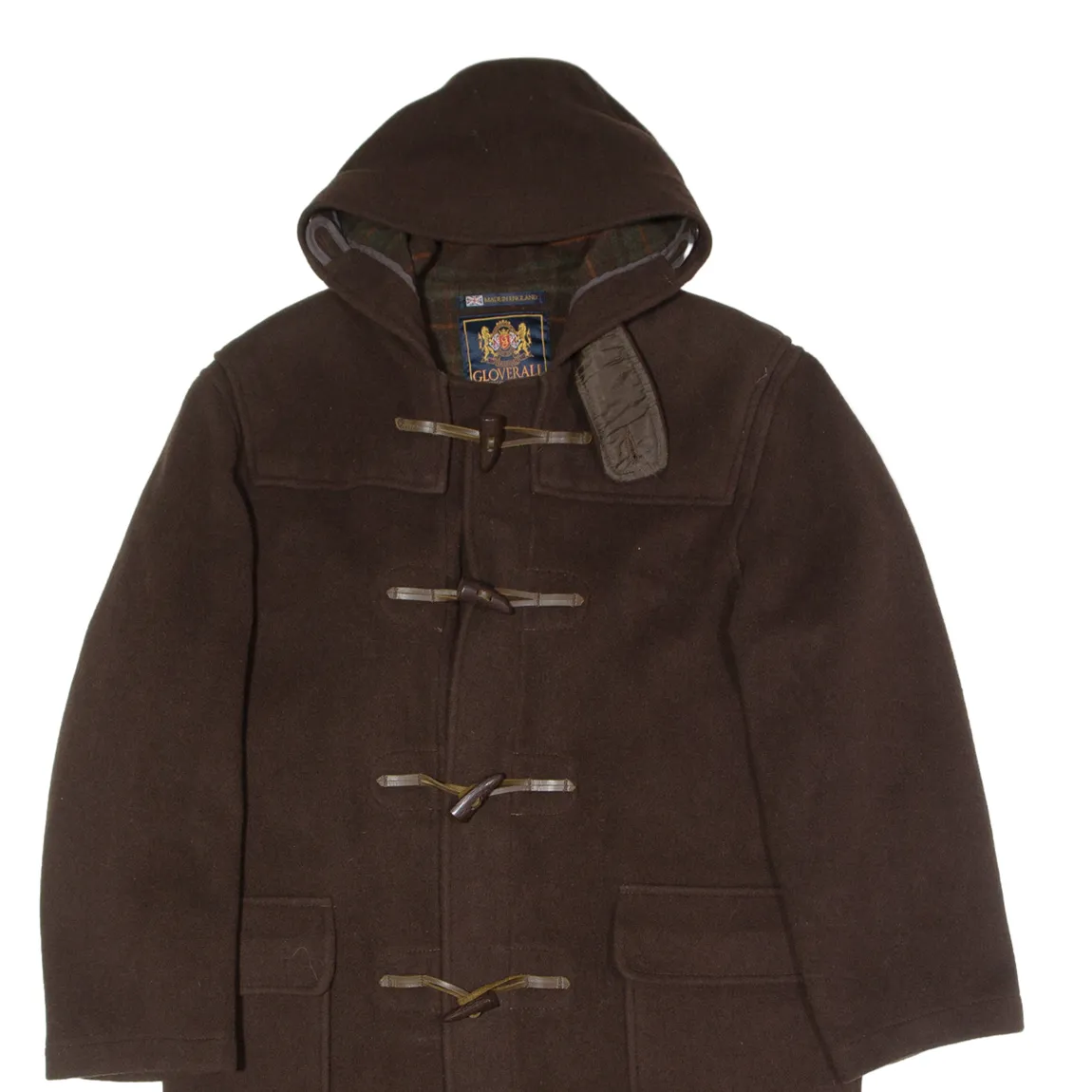 GLOVERALL Mens Duffle Coat Brown Wool Hooded S