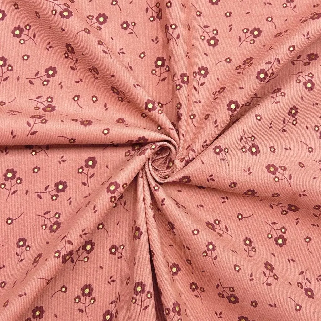 Gold Foil Flowers on Pink Needlecord Fabric