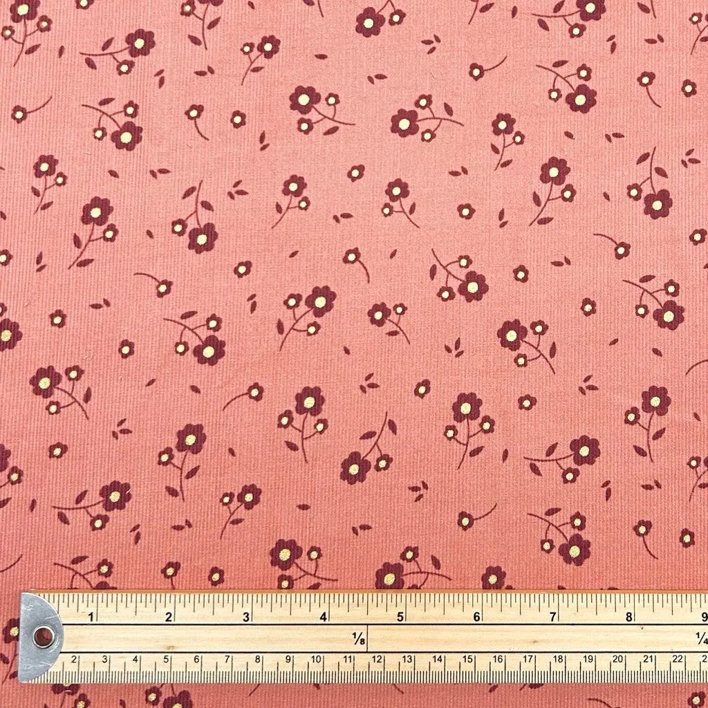Gold Foil Flowers on Pink Needlecord Fabric