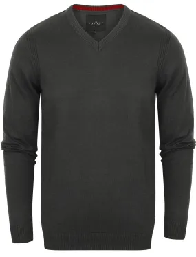 Gotha V Neck Cotton Jumper In Charcoal - Dissident