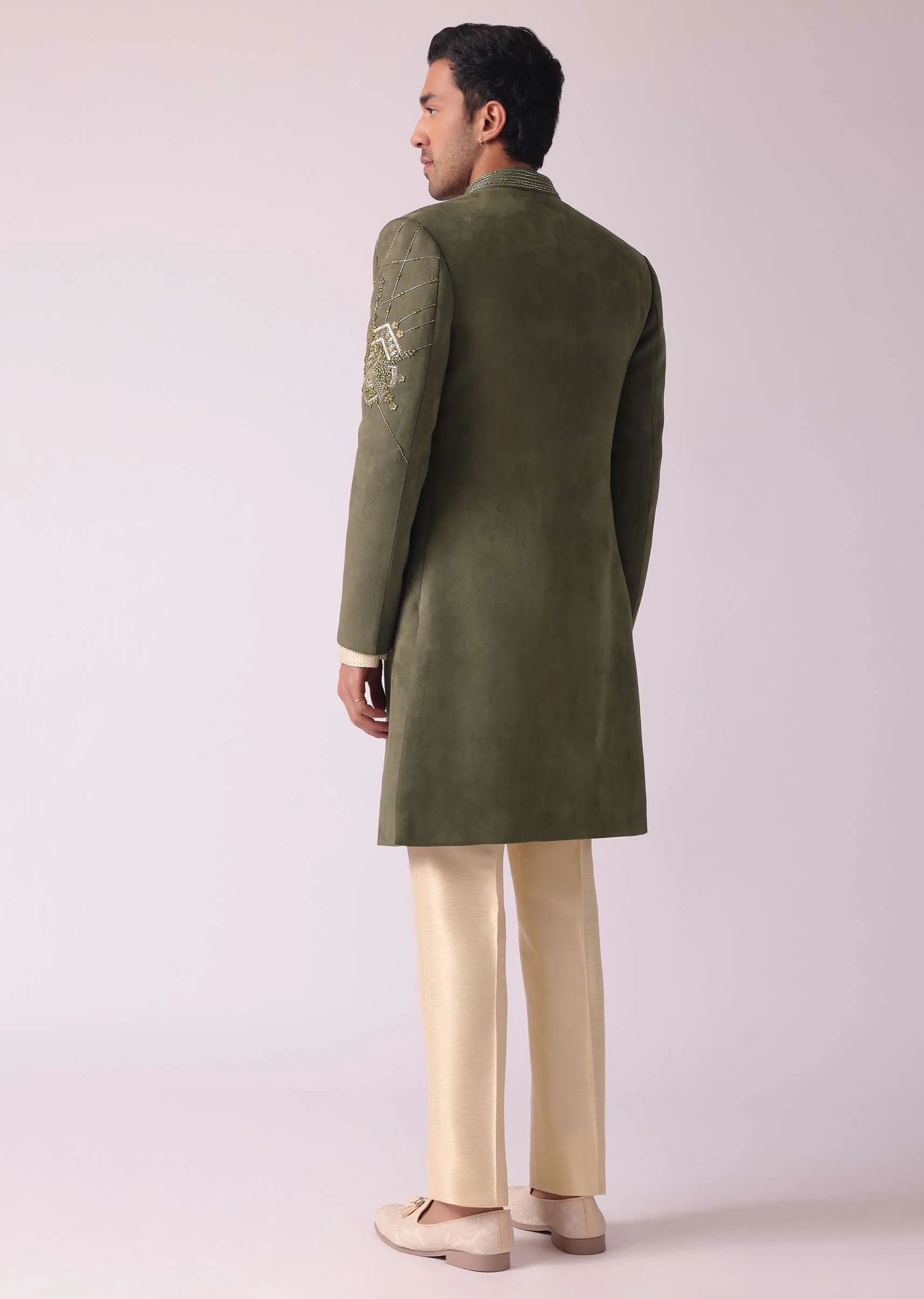 Green Embroidered Indowestern In Velvet