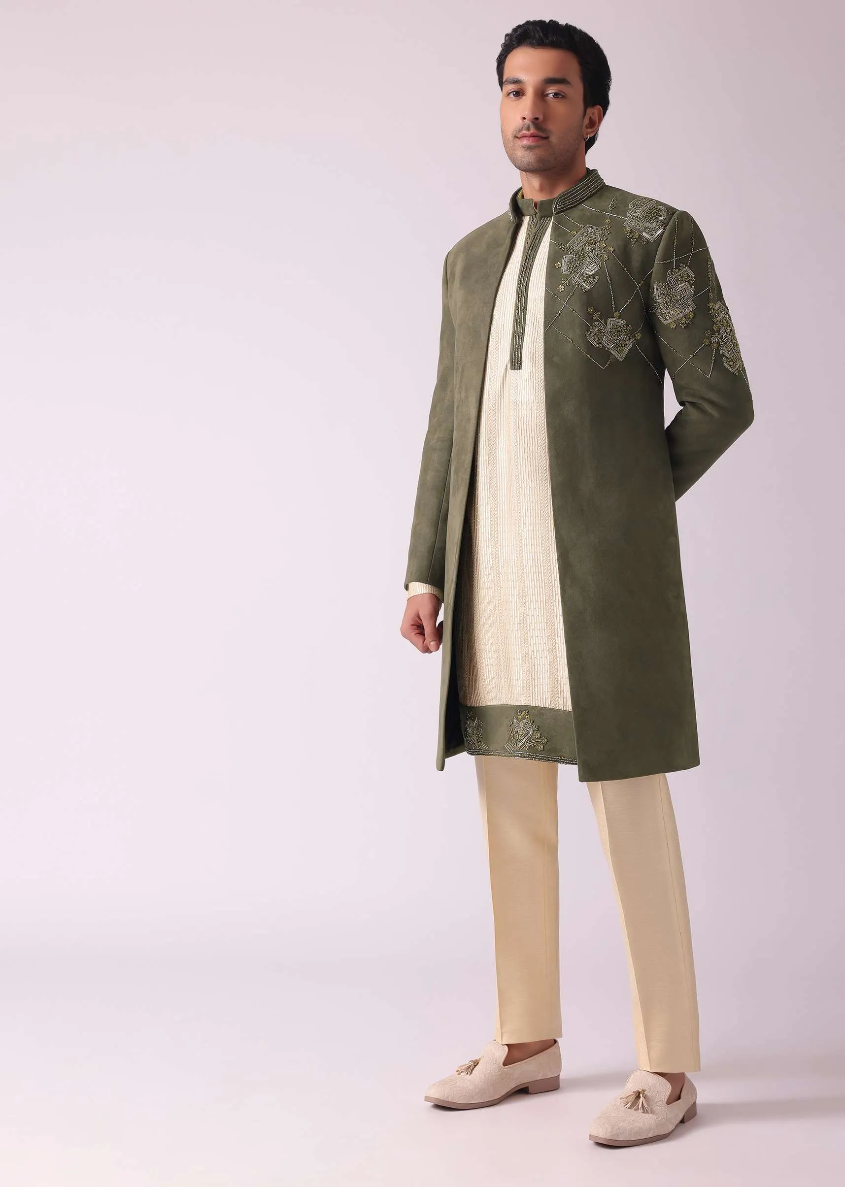 Green Embroidered Indowestern In Velvet