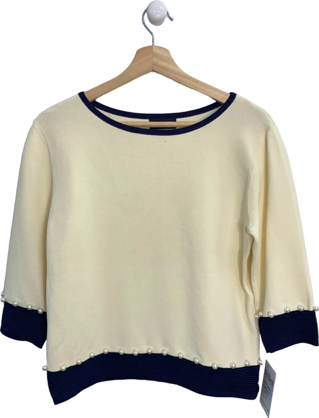 James Lakeland Cream and Navy Pearl-Embellished Jumper UK S
