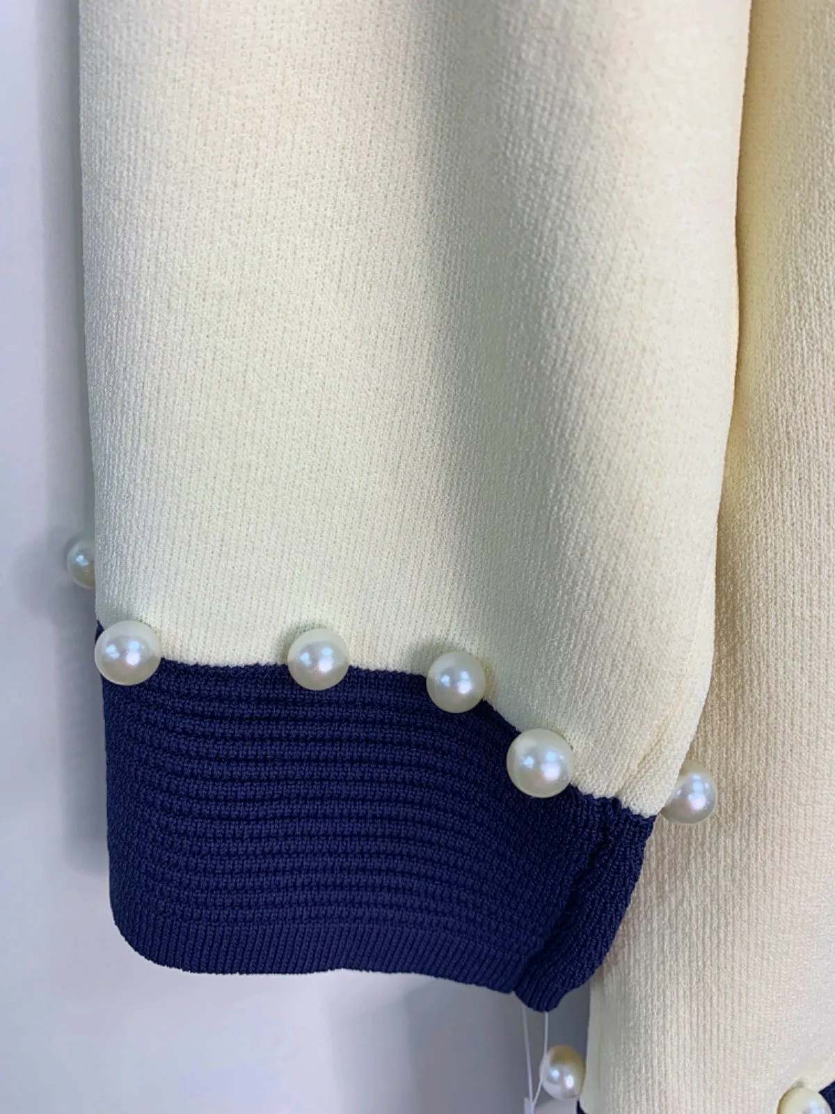 James Lakeland Cream and Navy Pearl-Embellished Jumper UK S