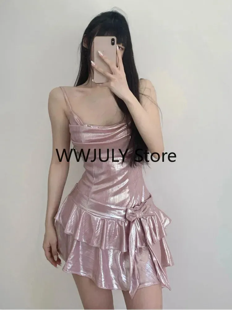 Joskka  Ruffle Y2k Mini Dress Pink Asymmetrical Bodycon Summer Dress Elegant Party Dress for Women Fashion Bow Knot Vestidos