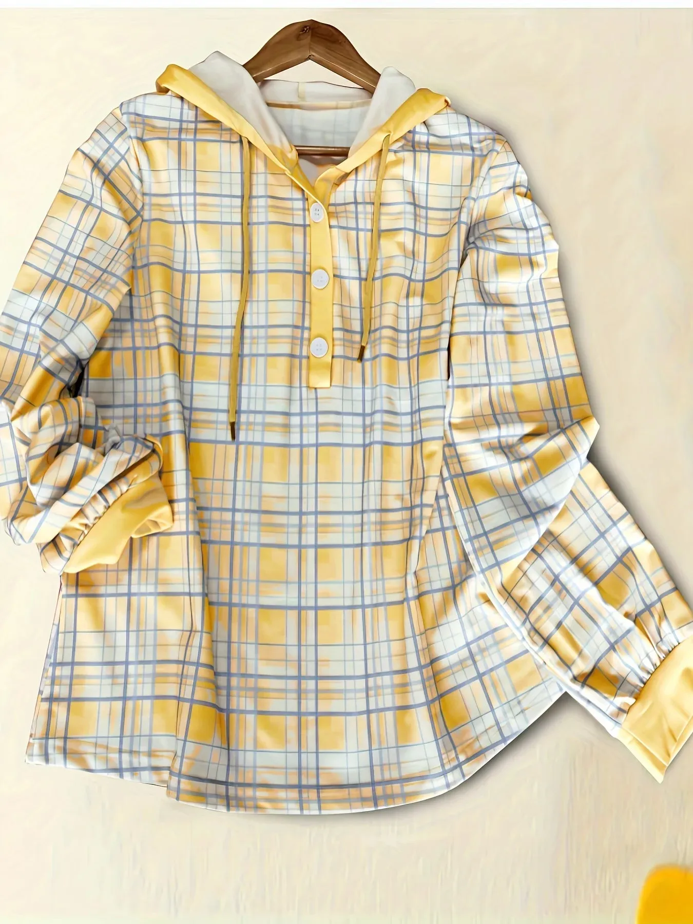 Lightweight Hooded Plaid Shirt Buttoned Sweatshirt