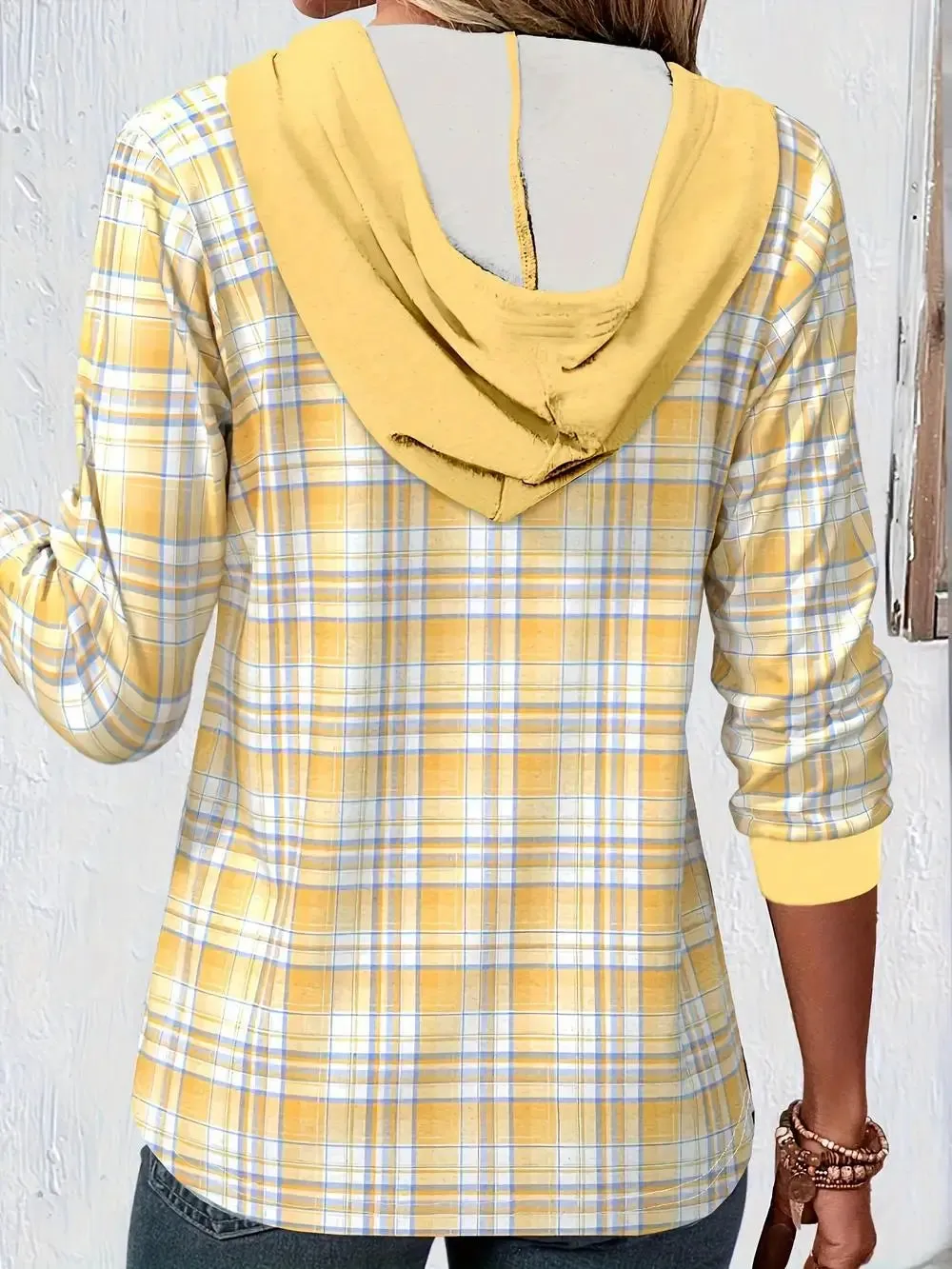 Lightweight Hooded Plaid Shirt Buttoned Sweatshirt