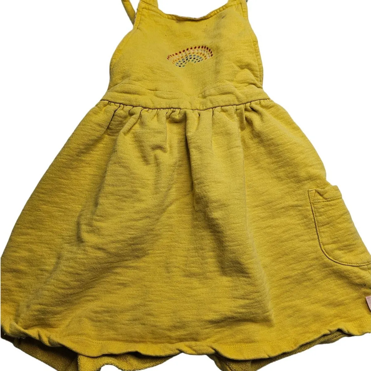 Little Bird Boutique Girls Sz 7-8 Mustard Yellow Jumper Rainbow Embroidered
