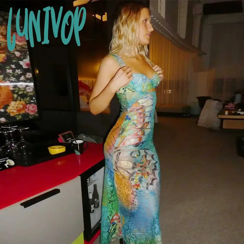 Lunivop Butterfly Print Lace Mesh Cut Out Summer Dress Transparent Y2k Fairycore Sleeveless Long Dresses For Women