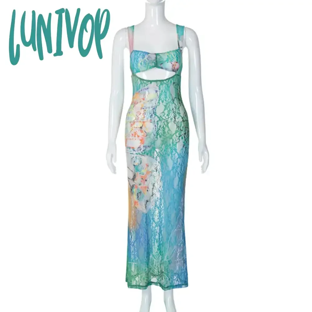 Lunivop Butterfly Print Lace Mesh Cut Out Summer Dress Transparent Y2k Fairycore Sleeveless Long Dresses For Women