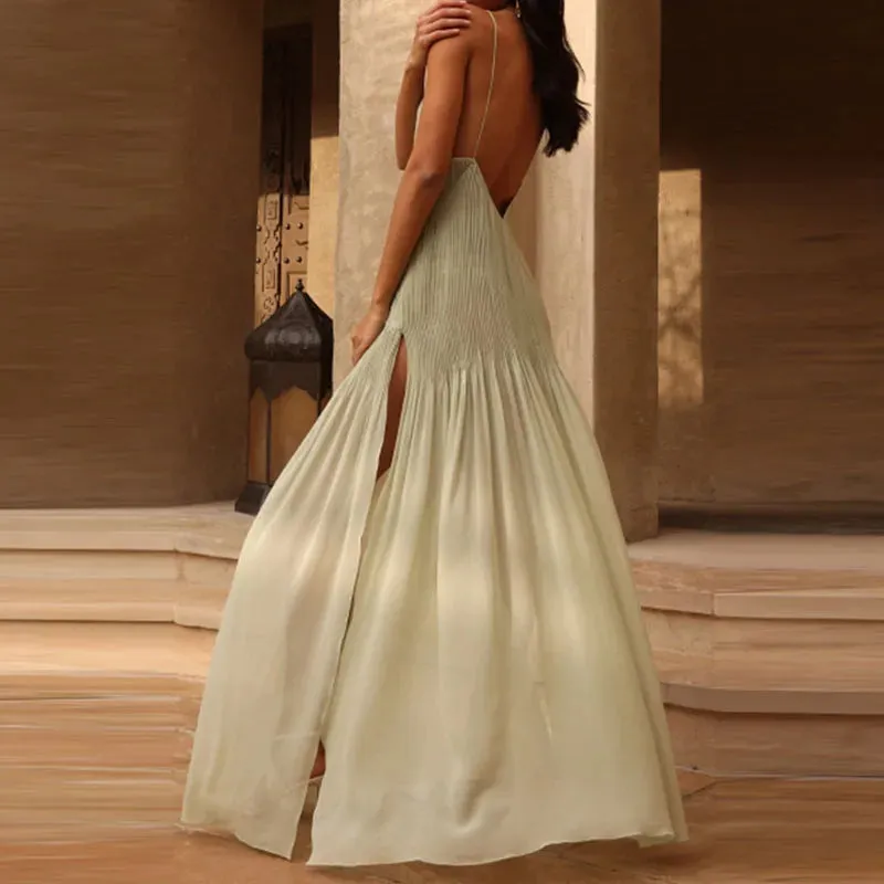 LVSANW 2024 Summer Fashion New Side Split Sling Dress Solid Sleeveless Lady Beach Robes Sexy Backless Deep V Neck Pleated Long Dress