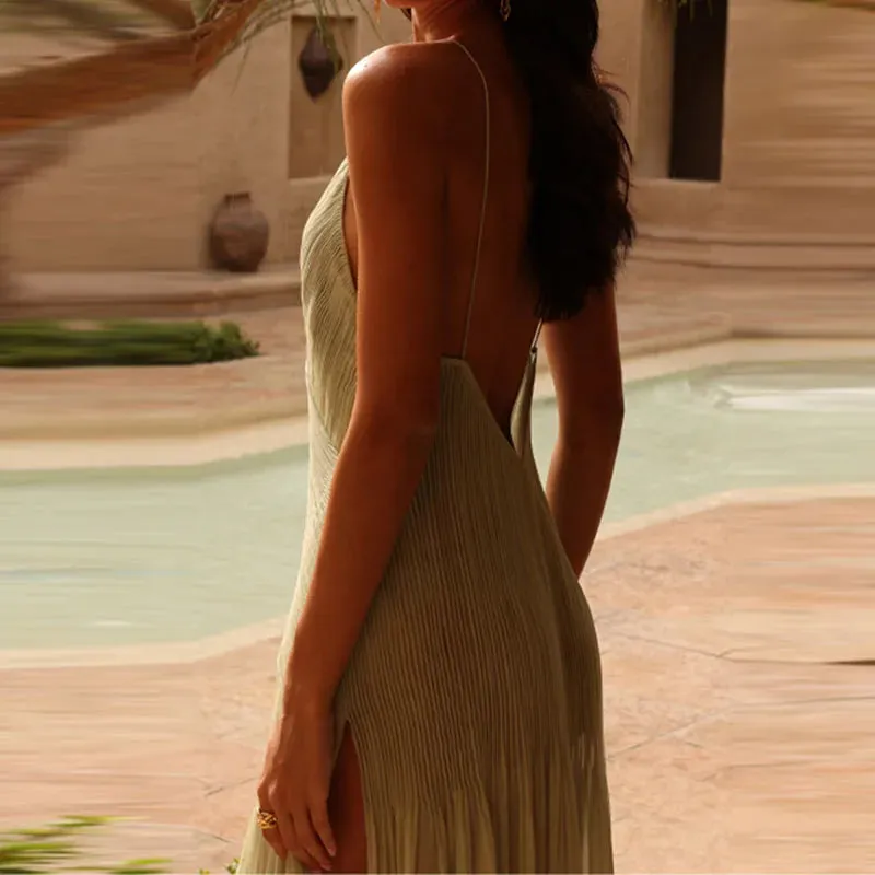 LVSANW 2024 Summer Fashion New Side Split Sling Dress Solid Sleeveless Lady Beach Robes Sexy Backless Deep V Neck Pleated Long Dress
