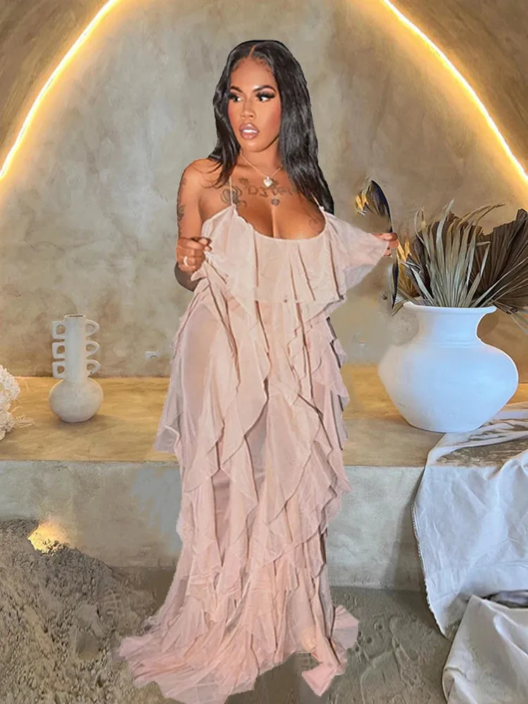 LVSANW Chic and Elegant Summer Dress Women Halter Sexy Birthday Dress Transparent Mesh Backless Maxi Dress Wholesale Dropshipping