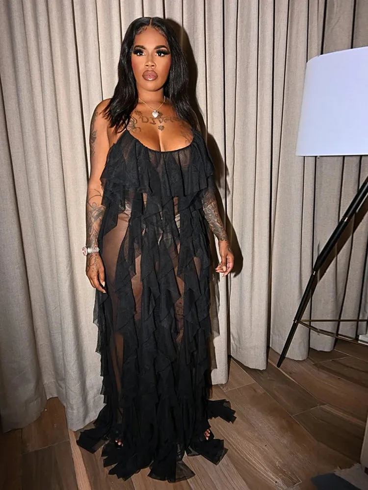 LVSANW Chic and Elegant Summer Dress Women Halter Sexy Birthday Dress Transparent Mesh Backless Maxi Dress Wholesale Dropshipping