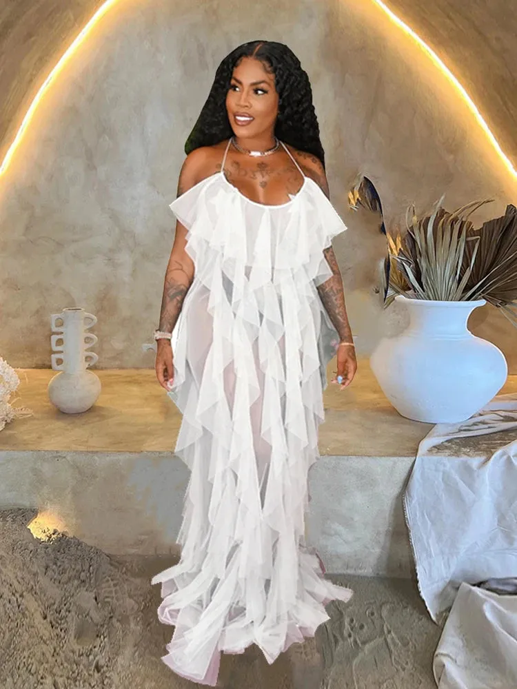 LVSANW Chic and Elegant Summer Dress Women Halter Sexy Birthday Dress Transparent Mesh Backless Maxi Dress Wholesale Dropshipping