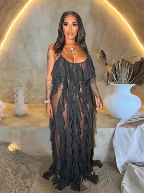 LVSANW Chic and Elegant Summer Dress Women Halter Sexy Birthday Dress Transparent Mesh Backless Maxi Dress Wholesale Dropshipping