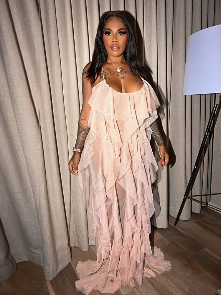 LVSANW Chic and Elegant Summer Dress Women Halter Sexy Birthday Dress Transparent Mesh Backless Maxi Dress Wholesale Dropshipping