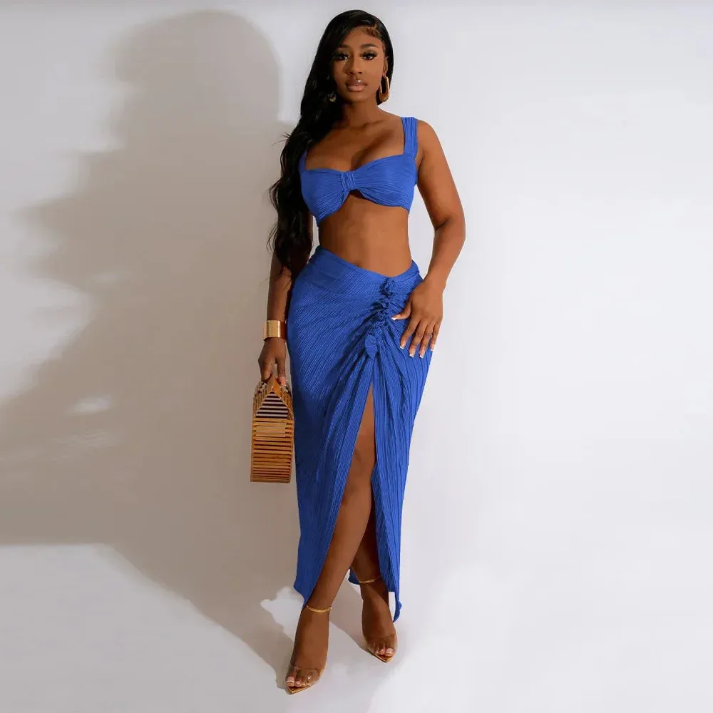 LVSANW CM.YAYA Beach Pleated Women 2 Piece Set Outfits 2024 Summer Crop Top and Midi Ruffles Draped High Side Split Maxi Long Skirt Set
