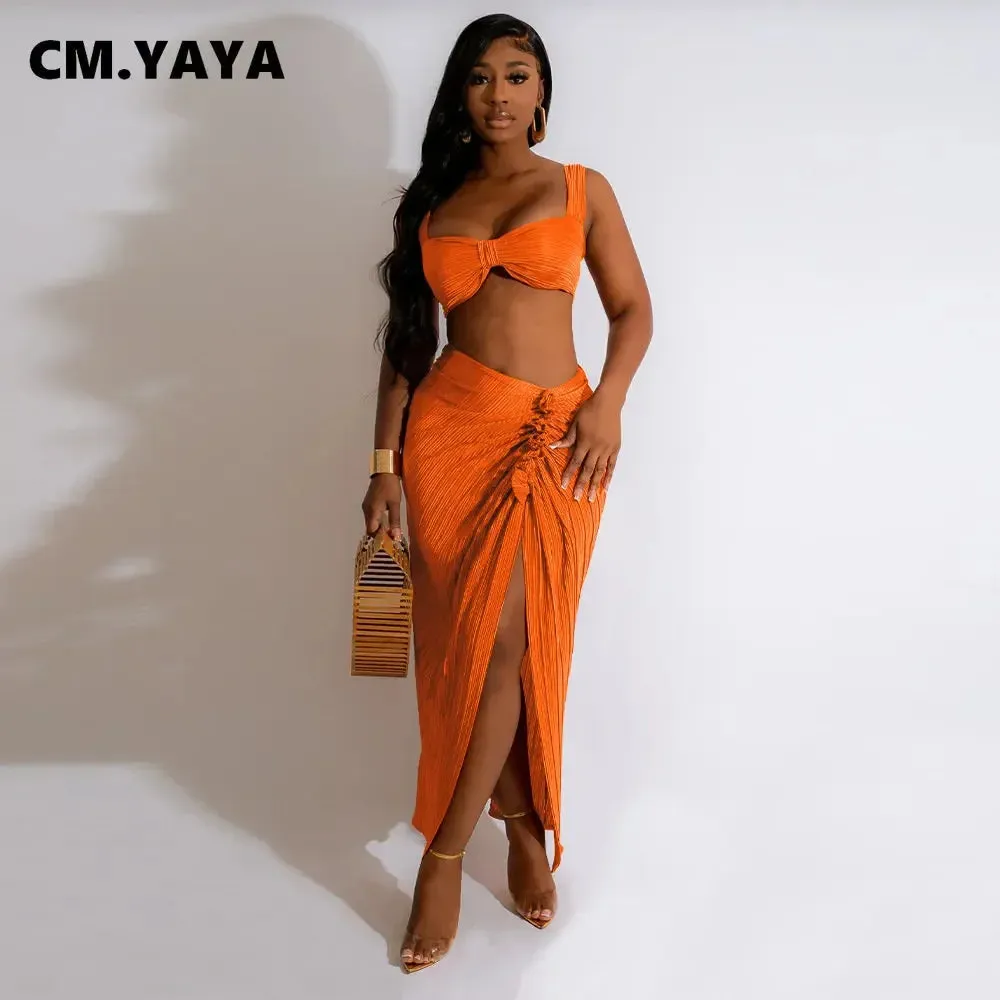 LVSANW CM.YAYA Beach Pleated Women 2 Piece Set Outfits 2024 Summer Crop Top and Midi Ruffles Draped High Side Split Maxi Long Skirt Set