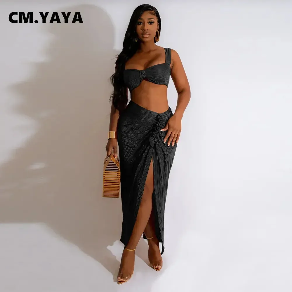 LVSANW CM.YAYA Beach Pleated Women 2 Piece Set Outfits 2024 Summer Crop Top and Midi Ruffles Draped High Side Split Maxi Long Skirt Set