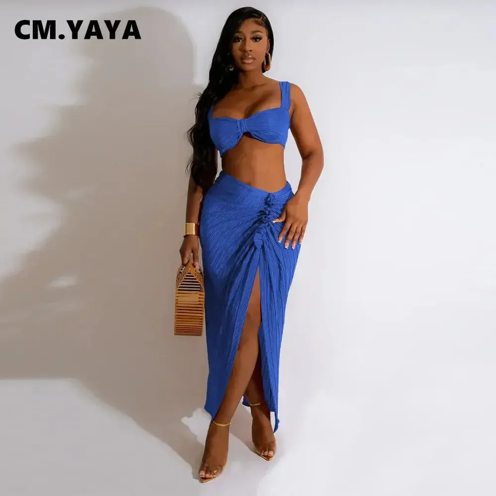 LVSANW CM.YAYA Beach Pleated Women 2 Piece Set Outfits 2024 Summer Crop Top and Midi Ruffles Draped High Side Split Maxi Long Skirt Set
