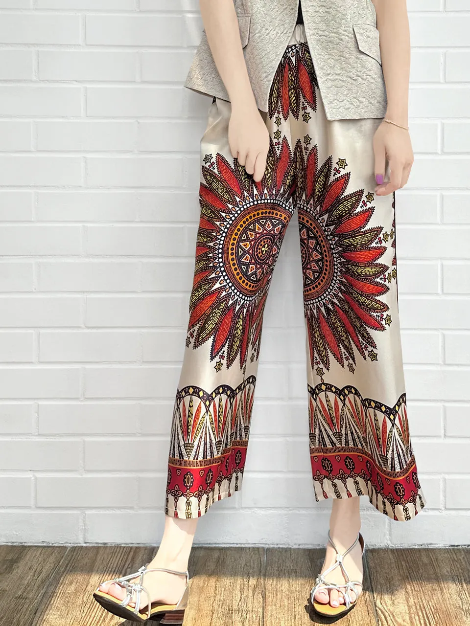 Mahogany Gold Mandala Contrast Piping Silky Cropped Trousers
