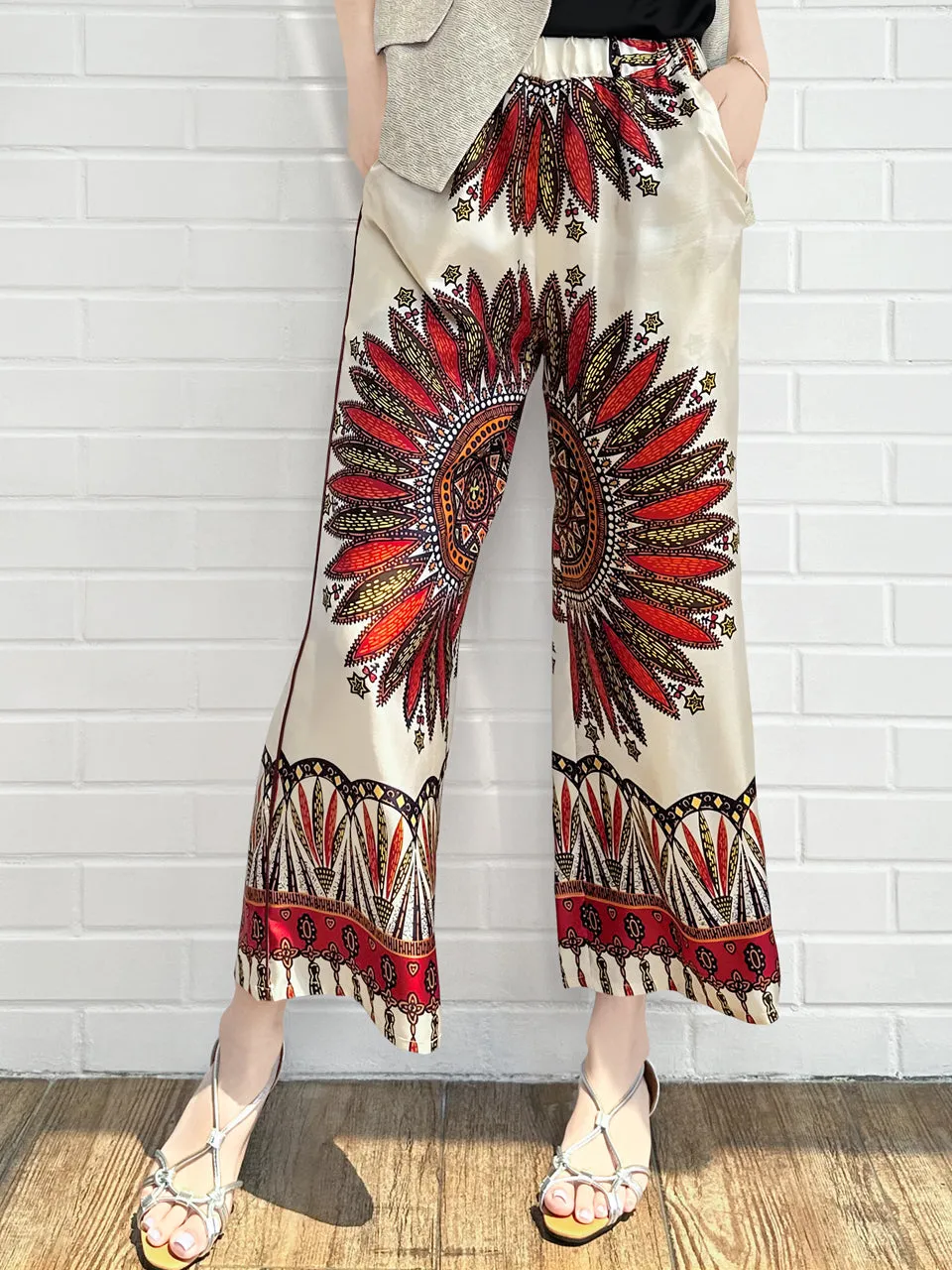 Mahogany Gold Mandala Contrast Piping Silky Cropped Trousers