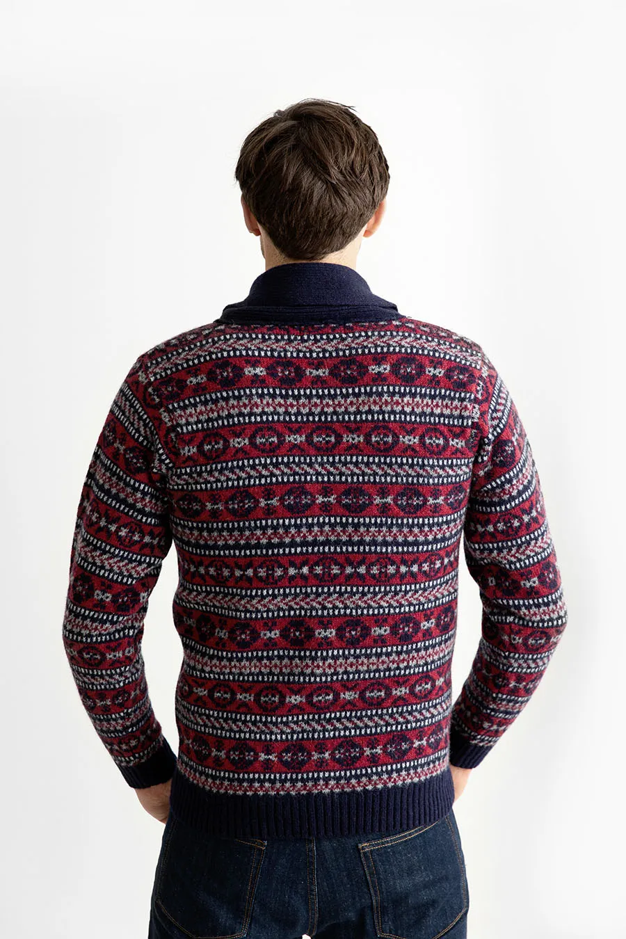 Mens Fair isle Lerwick Shawl Collar Jumper - Navy