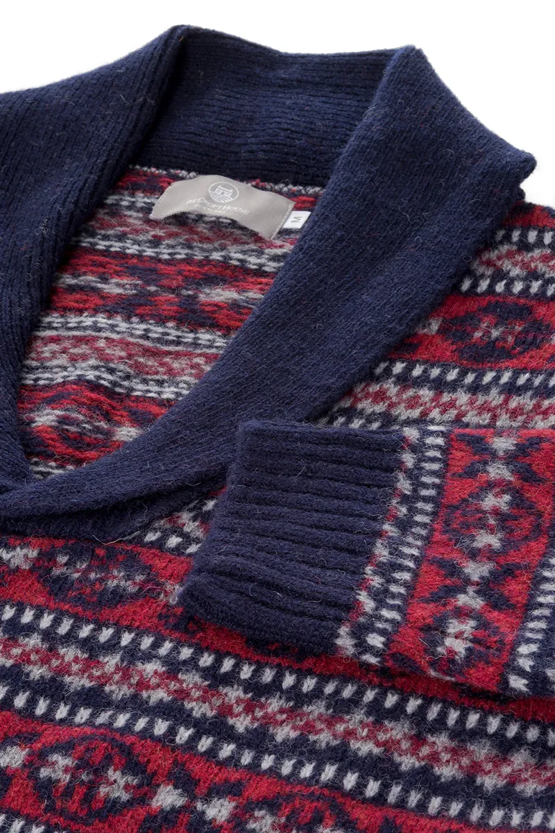 Mens Fair isle Lerwick Shawl Collar Jumper - Navy