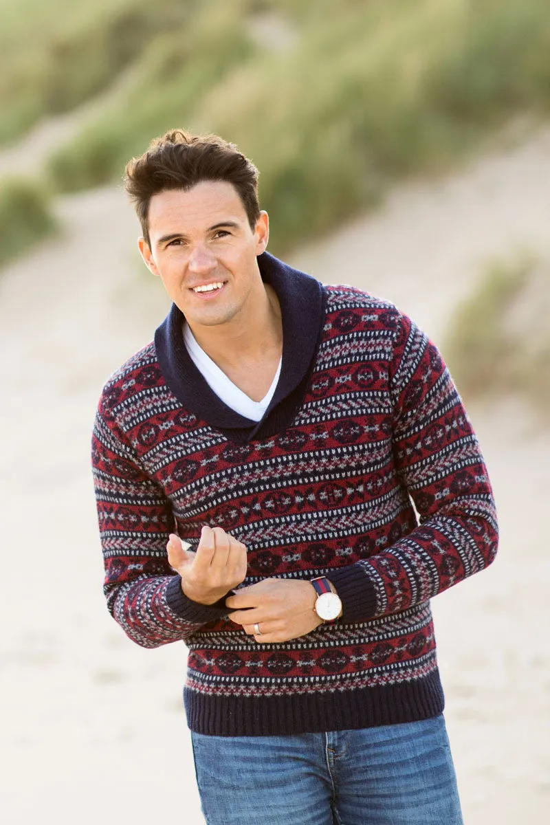 Mens Fair isle Lerwick Shawl Collar Jumper - Navy