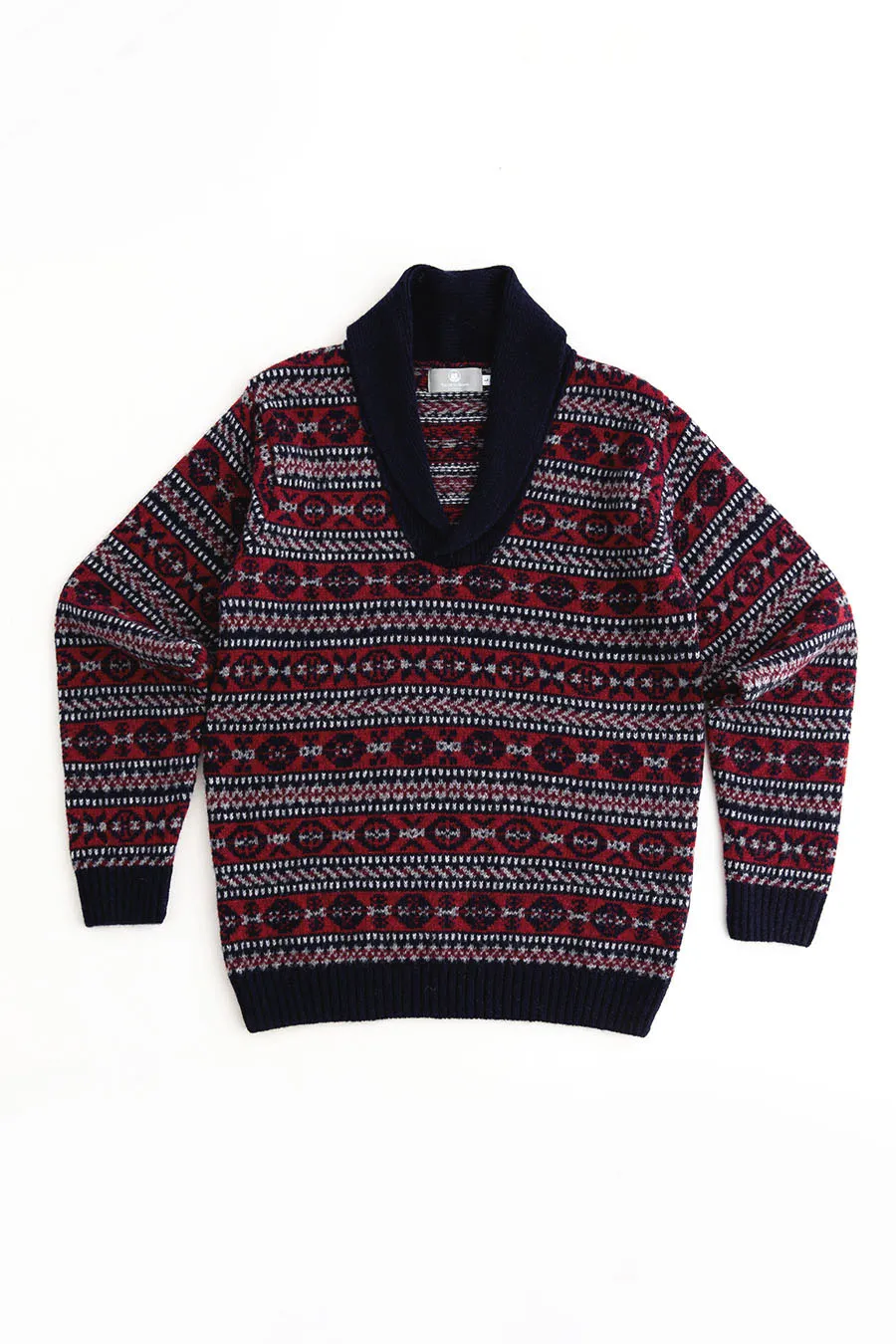 Mens Fair isle Lerwick Shawl Collar Jumper - Navy